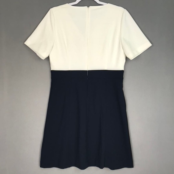 Vince Camuto Dress 8 Ivory Blue Sheath Colorblock V Neck Short Sleeve Scuba FLAW - Picture 5 of 14